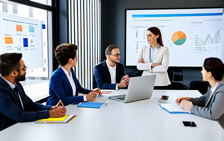 A diverse team of professionals, including men and women, in modest business attire, actively engaged in a dynamic brainstorming session within a modern, brightly lit collaborative office space. They are gathered around a large table, interacting with an interactive digital whiteboard displaying diagrams and notes. One person is gesturing towards the screen, while others are listening intently or jotting down ideas. The atmosphere is energetic and focused. Perfect anatomy, correct proportions, natural pose, well-formed hands, proper finger count, natural body proportions. Professional photography, high quality, sharp focus, vivid colors, safe for work, appropriate content, fully clothed, professional, family-friendly.