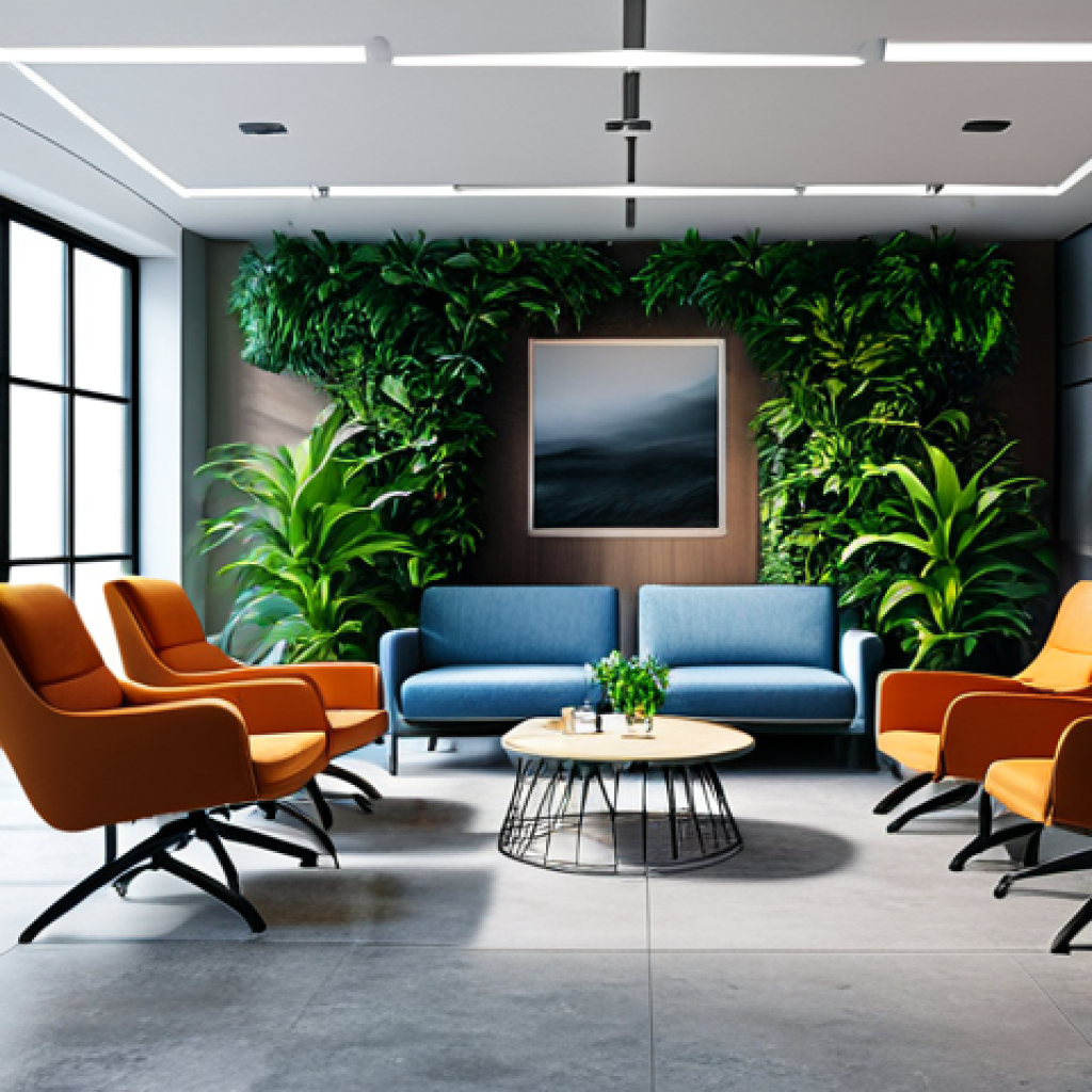 Relaxing Break Area** "A modern office relaxation space with comfortable chairs and indoor plants, creating a calm atmosphere for employees to unwind. People are fully clothed, taking a break, appropriate content, safe for work, perfect anatomy, natural proportions, professional environment, modest setting." **