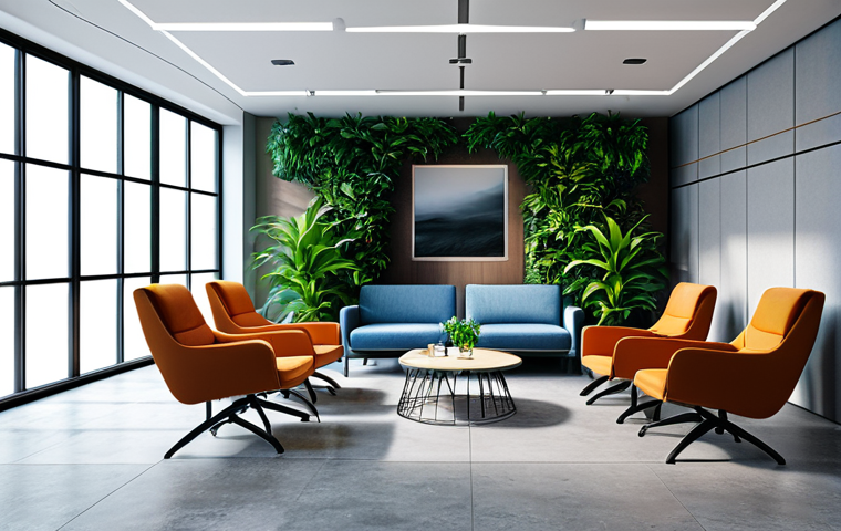 Relaxing Break Area** "A modern office relaxation space with comfortable chairs and indoor plants, creating a calm atmosphere for employees to unwind. People are fully clothed, taking a break, appropriate content, safe for work, perfect anatomy, natural proportions, professional environment, modest setting." **