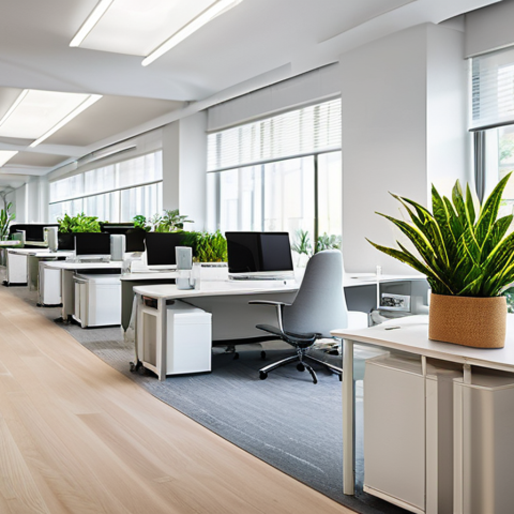 웰니스 사무실을 위한 예산 책정 방법 - A vibrant, modern office interior bathed in abundant natural light from large, floor-to-ceiling wind...