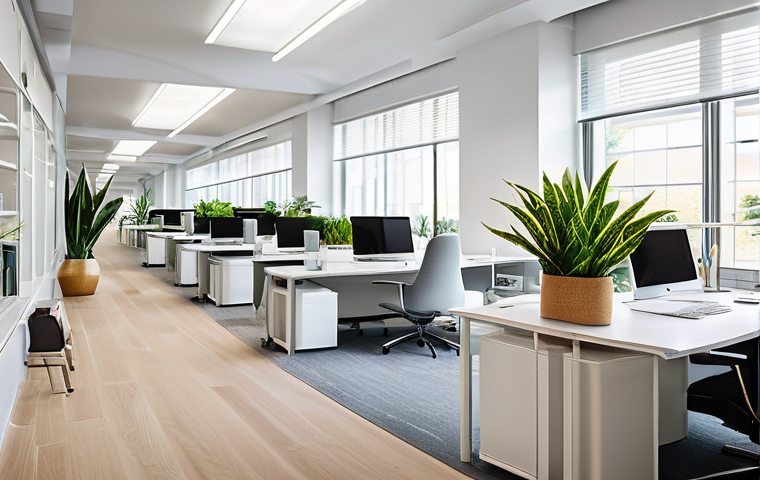 웰니스 사무실을 위한 예산 책정 방법 - A vibrant, modern office interior bathed in abundant natural light from large, floor-to-ceiling wind...