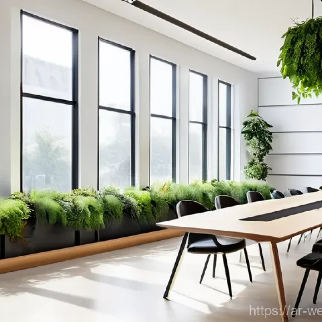 사무실 내 회의 공간의 웰니스 기법 - **Prompt:** "A modern, sun-drenched meeting room designed for optimal well-being. Large, expansive w...