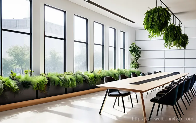 사무실 내 회의 공간의 웰니스 기법 - **Prompt:** "A modern, sun-drenched meeting room designed for optimal well-being. Large, expansive w...