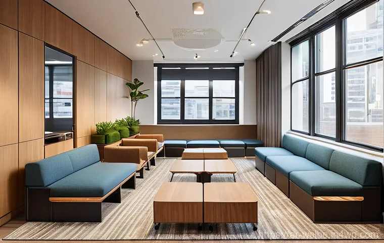 사무실 내 회의 공간의 웰니스 기법 - **Prompt:** "A modern, sun-drenched meeting room designed for optimal well-being. Large, expansive w...