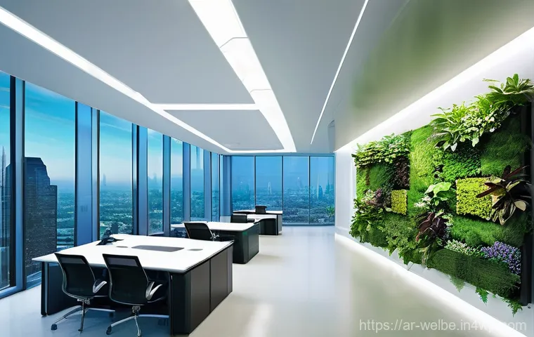 자연 요소와 인간의 관계 사무실 내 적용 - **Prompt 2: Collaborative Office Hub with Integrated Biophilic Design** "A vibrant and modern op...