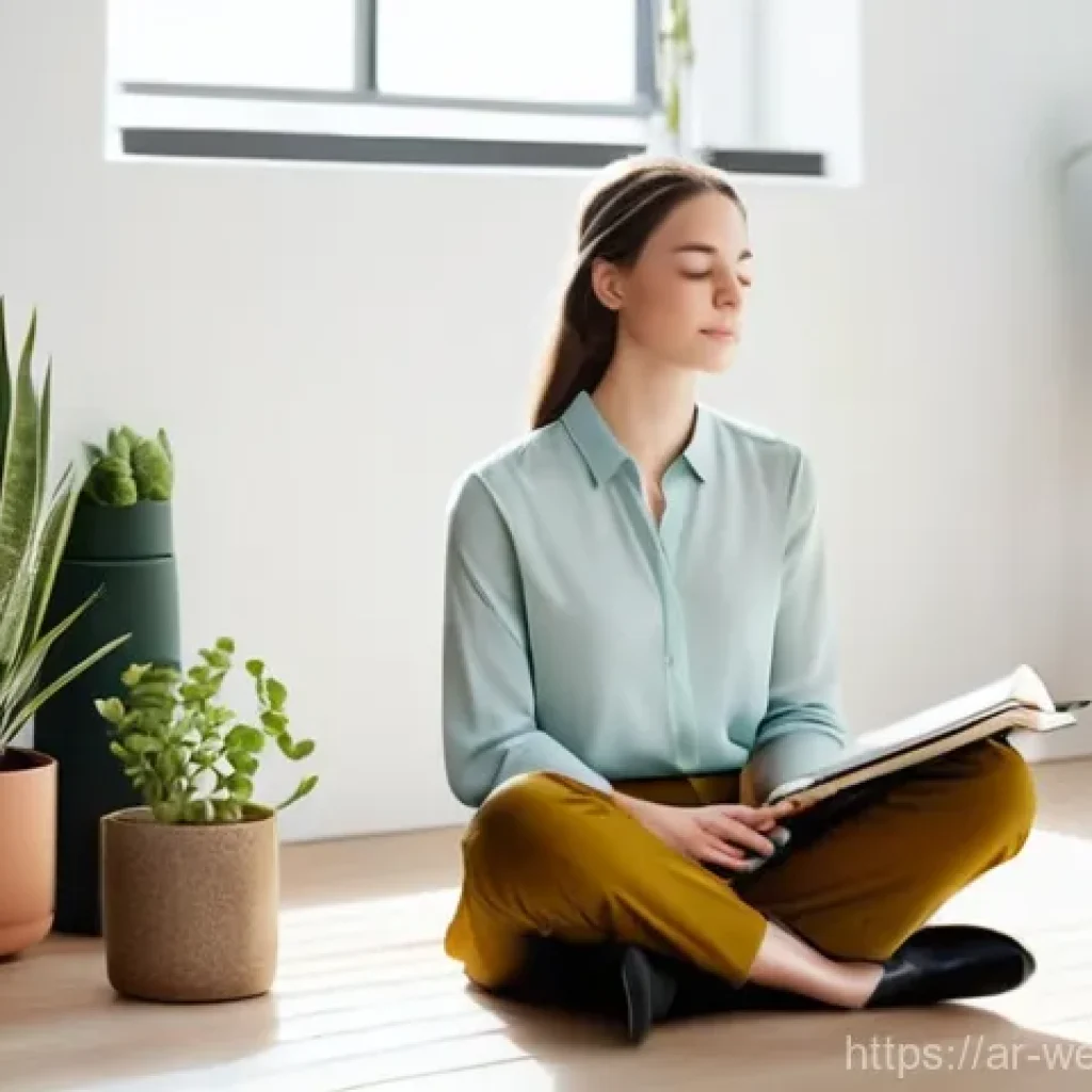 사무실에서의 요가 및 스트레칭 공간 - **Prompt:** A serene and inviting 'quiet corner' within a contemporary, well-lit office space. A you...