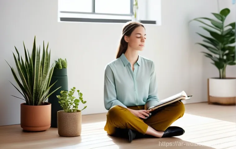 사무실에서의 요가 및 스트레칭 공간 - **Prompt:** A serene and inviting 'quiet corner' within a contemporary, well-lit office space. A you...