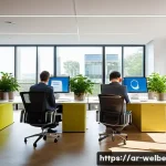 웰니스 사무실 구성의 성공적인 예시 - **Prompt: A bright, modern office space bathed in abundant natural light streaming through large win...