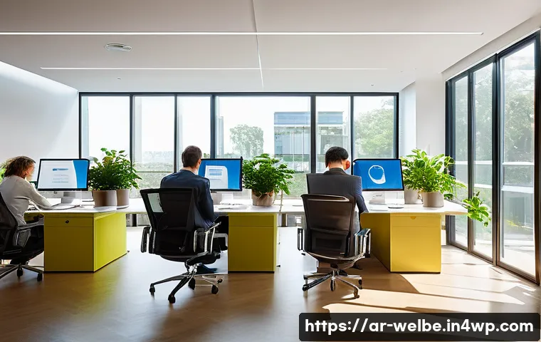 웰니스 사무실 구성의 성공적인 예시 - **Prompt: A bright, modern office space bathed in abundant natural light streaming through large win...