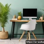 사무실에서의 지속 가능한 웰니스 실천 - A modern Arabic office workspace featuring a well-organized desk with natural warm lighting and calm...