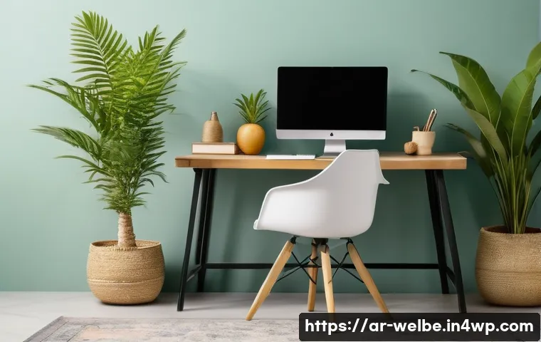 사무실에서의 지속 가능한 웰니스 실천 - A modern Arabic office workspace featuring a well-organized desk with natural warm lighting and calm...
