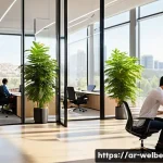 사무실 내 외부 환경과의 연결성 - A modern Arabic office interior bathed in warm natural sunlight streaming through large floor-to-cei...