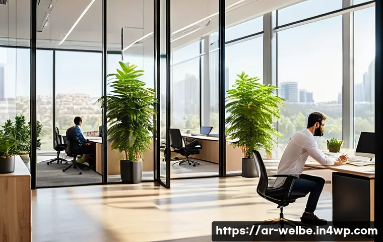 사무실 내 외부 환경과의 연결성 - A modern Arabic office interior bathed in warm natural sunlight streaming through large floor-to-cei...