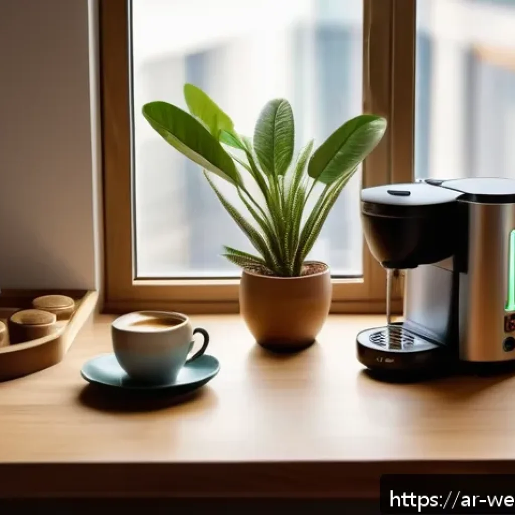 사무실 내 차를 마실 수 있는 공간 조성 - A cozy office coffee corner located near a large window with soft natural light streaming in, featur...