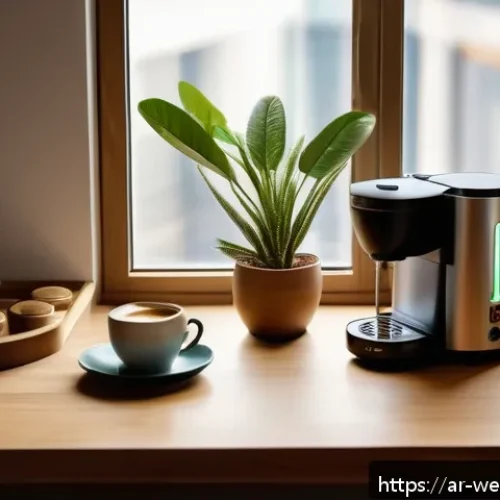 사무실 내 차를 마실 수 있는 공간 조성 - A cozy office coffee corner located near a large window with soft natural light streaming in, featur...