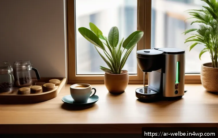 사무실 내 차를 마실 수 있는 공간 조성 - A cozy office coffee corner located near a large window with soft natural light streaming in, featur...