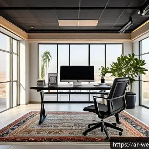 사무실 내 웰니스 장비 및 도구 소개 - A modern Arabic office interior with natural sunlight streaming through large windows, warm LED ligh...