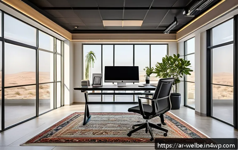 사무실 내 웰니스 장비 및 도구 소개 - A modern Arabic office interior with natural sunlight streaming through large windows, warm LED ligh...