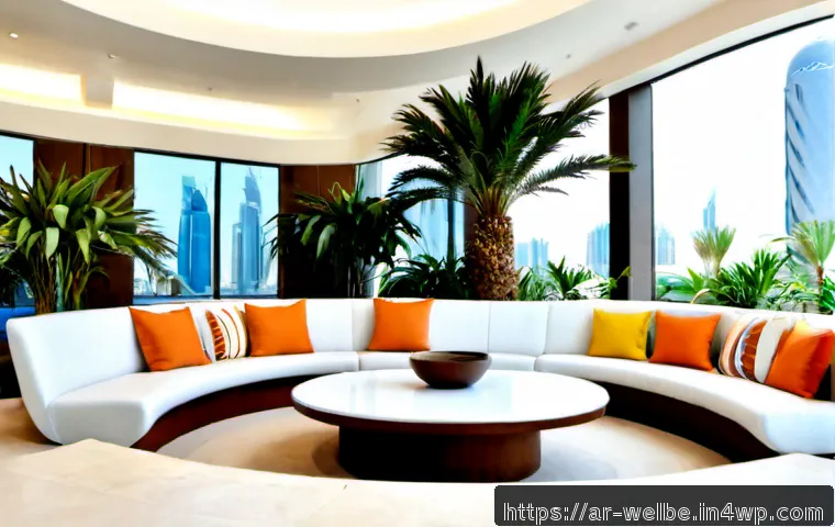 Home 17 사무실 내 커뮤니티 공간 디자인 - Photorealistic modern office community lounge in a Gulf Arab workplace, airy open-plan space with cu...
