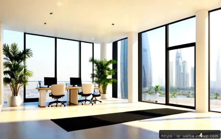 현대적 웰니스 사무실의 특징 - Photorealistic modern wellness office in an Arab Gulf city, spacious sunlit workspace with ergonomic...