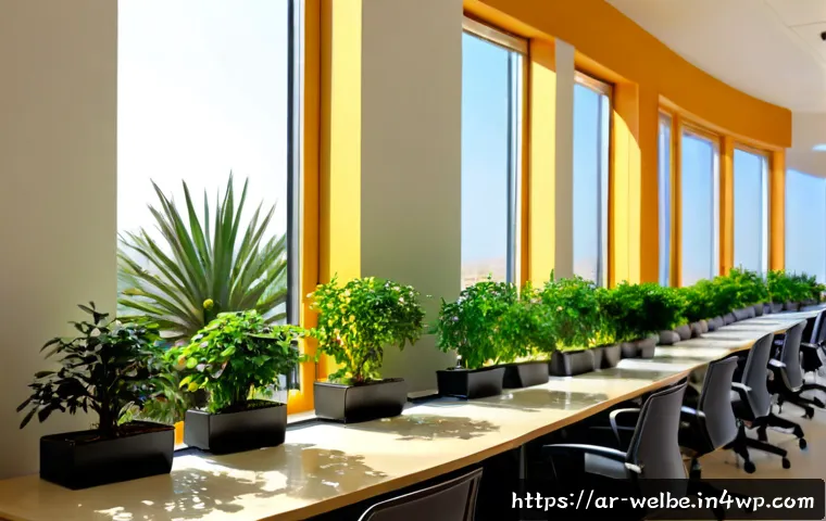 사무실 내 식물 배치의 효과 - Photorealistic modern Middle Eastern office with thoughtfully placed lush green plants beside sunlit...
