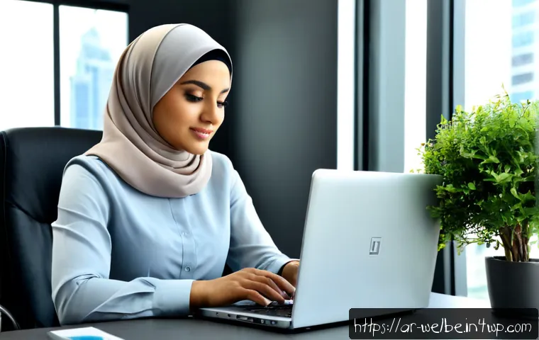 Home 15 사무실에서의 생산성과 웰니스 - Photorealistic modern office in a Gulf Arab city, focused Arab professional woman wearing a modest n...